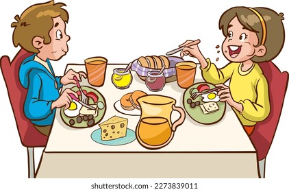 Happy kids having breakfast by themselves. Child nutrition concept. cartoon Vector illustration 