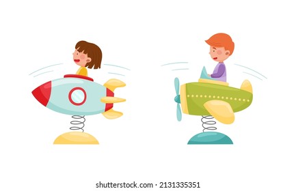 Happy kids having fun in amusement park set. Cute boys riding spring rocket cartoon vector illustration