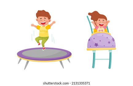 Happy Kids Having Fun In Amusement Park Set. Boy And Girl Riding Rollercoaster And Jumping On Trampoline Cartoon Vector Illustration