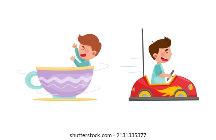 Happy kids having fun in amusement park set. Boy and girl riding teacup carousel and bumper car cartoon vector illustration