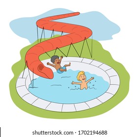 Happy kids having fun in aqua park swimming pool. Cheerful afro-american and caucasian boys play riding on water hills slides. Childhood and recreation at summer attractions. Vector illustration