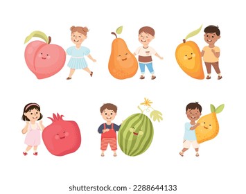 Happy Kids Having Fun with Big Fruit with Cheerful Faces Vector Set