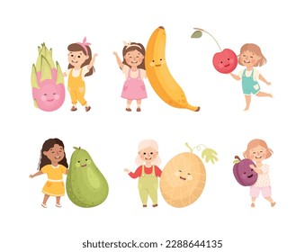 Happy Kids Having Fun with Big Fruit with Cheerful Faces Vector Set