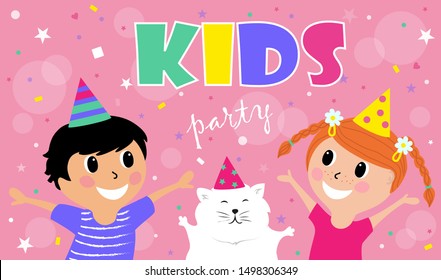 Happy kids having fun .Children's party. Template for advertising brochure. Funny cartoon character 