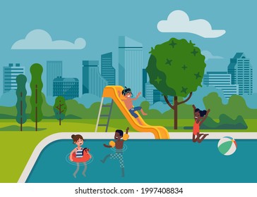 Niños felices divirtiéndose en la piscina comunitaria en el parque durante el verano. Excelente ilustración vectorial de niños y niñas que disfrutan nadando y riendo en una piscina