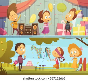 Happy Kids Having Fun Dancing And Playing At Birthday Party Horizontal Banners Cartoon Isolated Vector Illustration