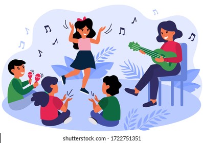 Happy Kids Having Fun During Their Music Class. Teacher And Children Playing Guitar, Clapping Hands, Dancing And Singing At Daycare Preschool. Vector Illustration For Musical Education Concept