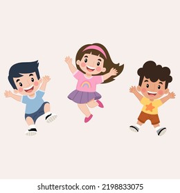 Happy kids having fun and jupmping. Multiracial school children. Boys and girls are playing together. Vector illustration on white background.