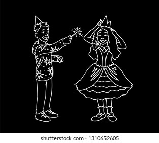 Happy kids having fun. Monochrome vector illustration of boy and girl plaing together on black background. Boy in festive hat holds magic wand in his hand and girl in dress corrects crown on her head