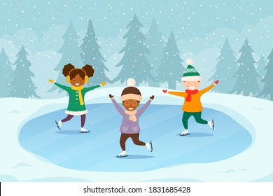 Happy kids having fun on ice rink. Winter holiday scene with chilren in outdoor park. Christmas and Happy New Year vector illustration.