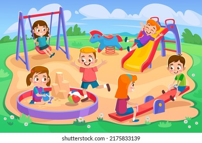 Los niños felices se están divirtiendo en un parque infantil en verano. Niños y niñas se deslizan de un tobogán, juegan a la pelota, se mecen en un balancín y cavan en una caja de arena. Ilustración vectorial de estilo de dibujos animados.