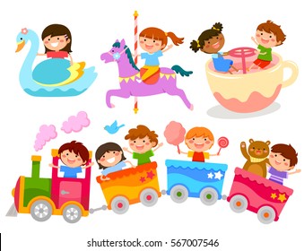 happy kids having fun on amusement park rides