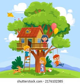 Happy kids are having fun in a tree house. Little boys and girls with a dog playing outside in summer. Kite, balloons, ball and a swing.Landscape view of a tree house.Cartoon style vector illustration