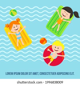 Happy kids having fun in the water and enjoy summer vacation in the pool. Happy carefree childhood concept. Vector illustration