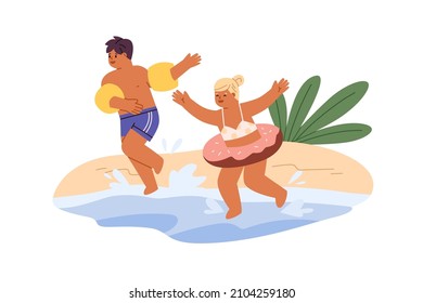 Happy kids having fun in water. Children in swim ring and inflatable sleeves on summer holidays. Boy and girl rejoicing on beach in summertime. Flat vector illustration isolated on white background