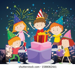 Happy kids having party with presents and fireworks illustration