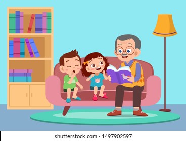 happy kids hear story from grandfather vector