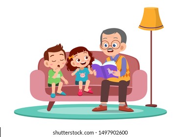 Happy kids hear story from grandfather, vector