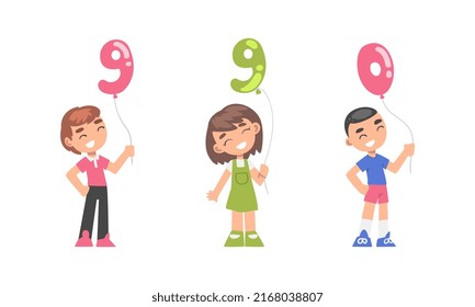 Happy kids holding 9,9,0 balloon numbers on string cartoon vector illustration