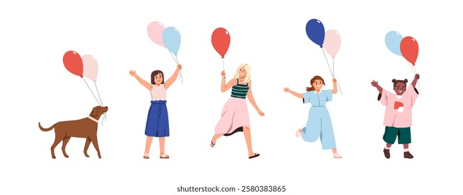 Happy kids holding air balloons, set. Cute children, dog celebrating holiday fun with festive helium baloons in hands. Joyful excited girls, pet. Flat vector illustration isolated on white background