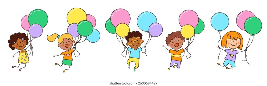 Happy kids holding air balloons in doodle style. Cute diverse children flying up with helium baloons. Joyful girls and boys celebrating holiday. International Children's Day. Vector illustration set