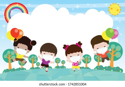 happy Kids Holding balloon jumping at the meadow, children playing Running together, child wear face mask protect corona virus or covid 19, Protect dust PM 2.5. Social distancing isolated on grass