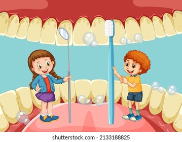 Happy kids holding dental mirror and toothbrush inside human mouth illustration