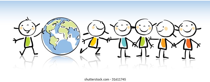  happy kids holding the globe vector illustration, kids drawing style. green world concept related