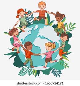 Happy kids holding hands and dancing around the world. Cute boys and girls having fun. Protect and save Earth Planet vector concept