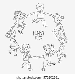 Happy kids holding hands and dancing in a circle. Cute boys and girls having fun. Cartoon outline style