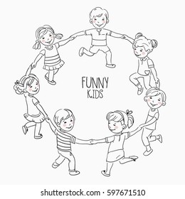 Happy kids holding hands and dancing in a circle. Cute boys and girls having fun. Cartoon outline style