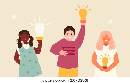 Happy kids holding ideas. Children creativity, students and pupils of the kindergarten. Vector illustration