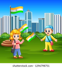 Happy kids holding national flag on the city park illustration
