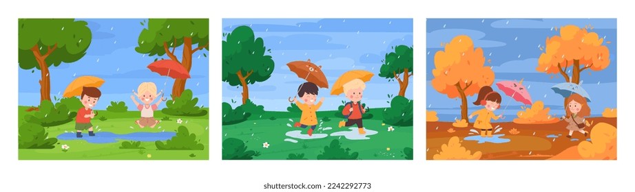 Happy kids holding umbrella under rain, different seasons - cartoon flat vector illustration. Set of seasonal landscapes - spring, summer and autumn. Cute kids jumping in puddles.