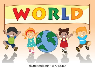 Happy kids holding WORLD banner