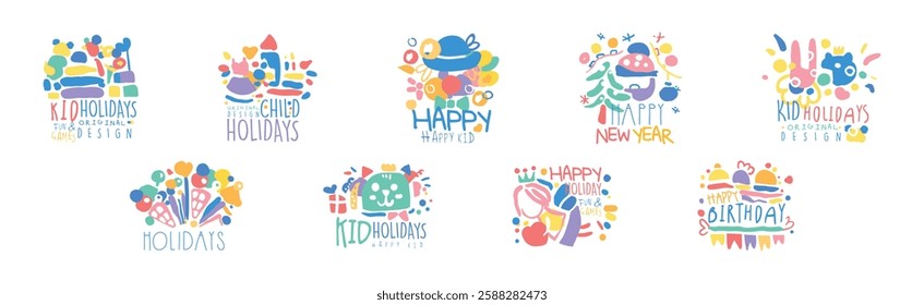 Happy Kids Holiday Colorful Original Design Vector Set