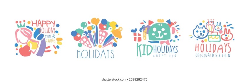 Happy Kids Holiday Colorful Original Design Vector Set