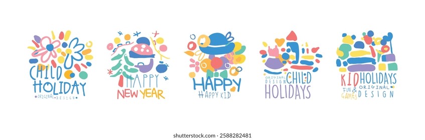 Happy Kids Holiday Colorful Original Design Vector Set