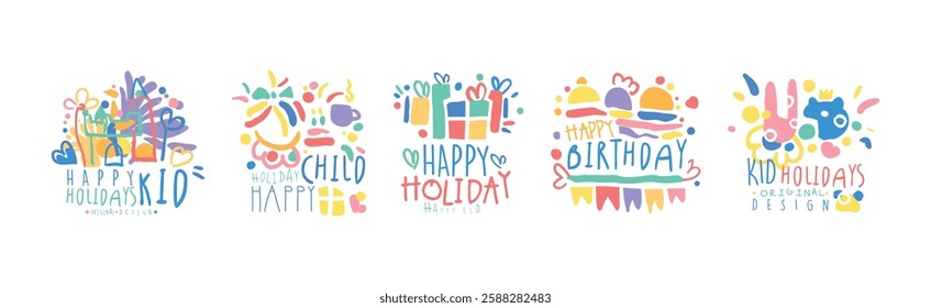 Happy Kids Holiday Colorful Original Design Vector Set