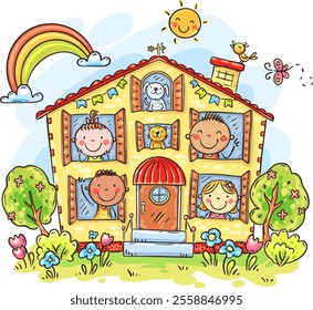 Happy kids in the house. Cute cartoon children friends playing at home. Colorful vector illustration