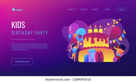 Happy kids at huge cake with candles and gift boxes celebrating birthday party. Kids birthday party, kids party ideas, indoor party spot concept. Website vibrant violet landing web page template.
