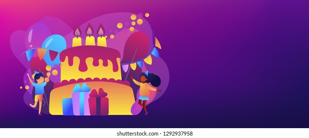 Happy kids at huge cake with candles and gift boxes celebrating birthday party. Kids birthday party, kids party ideas, indoor party spot concept. Header or footer banner template with copy space. - Shutterstock ID 1292937958