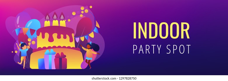 Happy kids at huge cake with candles and gift boxes celebrating birthday party. Kids birthday party, kids party ideas, indoor party spot concept. Header or footer banner template with copy space. - Shutterstock ID 1297828750
