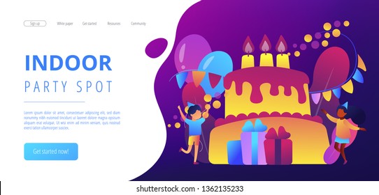 Happy kids at huge cake with candles and gift boxes celebrating birthday party. Kids birthday party, kids party ideas, indoor party spot concept. Website vibrant violet landing web page template.