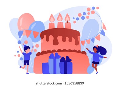 Happy kids at huge cake with candles and gift boxes celebrating birthday party. Kids birthday party, kids party ideas, indoor party spot concept. Pinkish coral bluevector isolated illustration