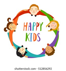 Happy kids  hugging each other standing in circle. Cartoon illustration about  unity and for your design.