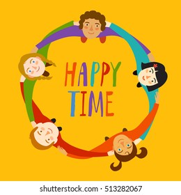 Happy kids  hugging each other standing in circle. Cartoon illustration about  unity and for your design.