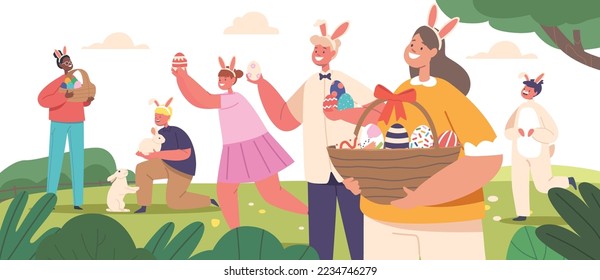 Niños felices cazan huevos durante la celebración del evento de Pascua en el Jardín de la Primavera. Personajes para niños y niñas encontrando y recogiendo huevos coloridos pintados en la cesta. Ilustración de vectores de personas de caricatura