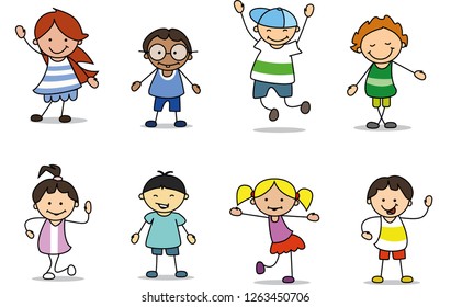 happy kids illustration playing and dancing children, vector