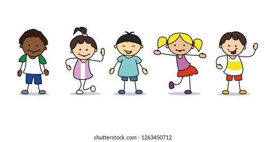 happy kids illustration playing and dancing children, vector